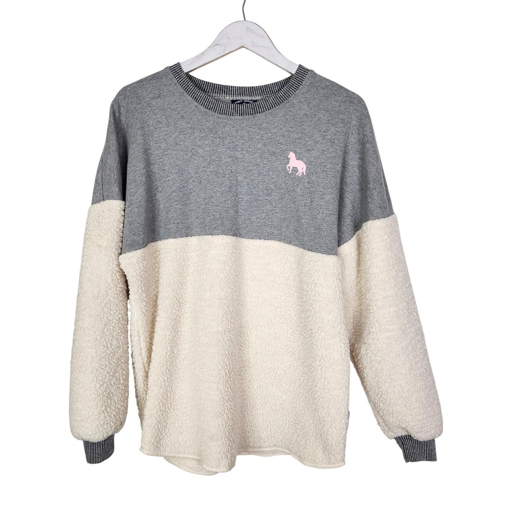 SPIRIT JERSEY Sweater Womens Small Gray Sherpa Fleece Pink Pony Mackinac Top